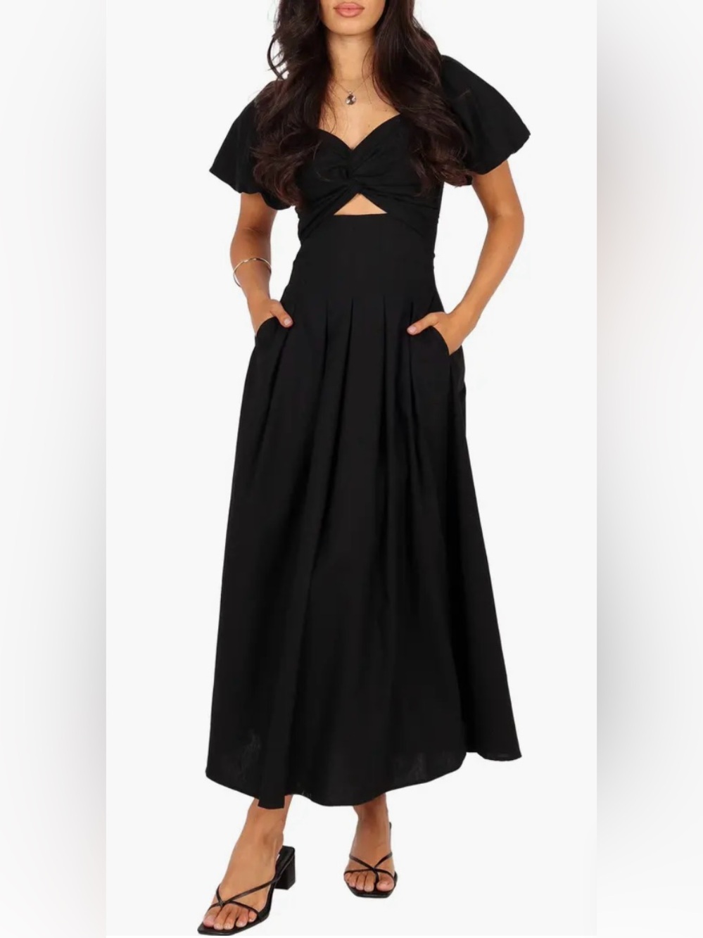 Petal & Pup Maria Cutout Puff Sleeve Midi Dress Black Pleated Pockets Sz M NWT